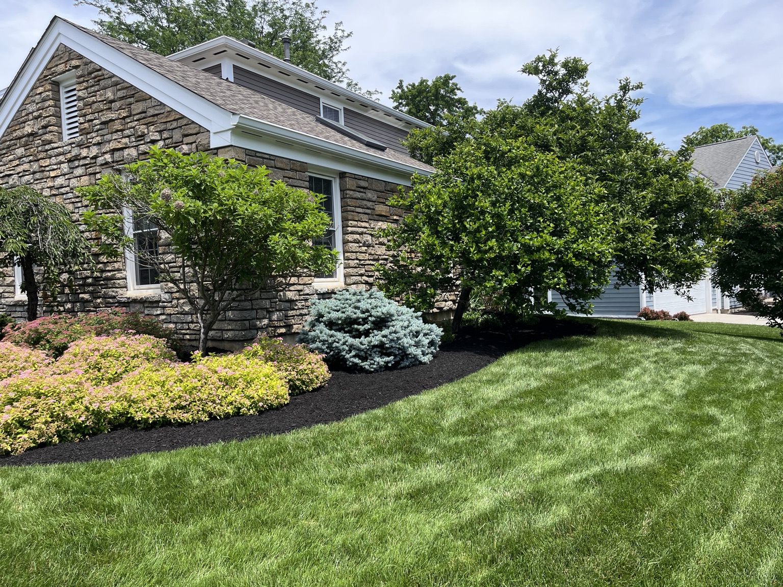 Finished landscaping around a brick home